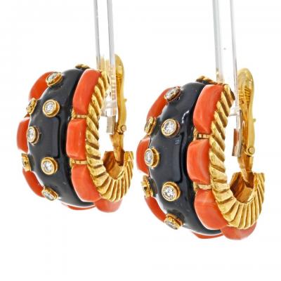 David Webb DAVID WEBB PLATINUM 18K CORAL BLACK ENAMEL AND DIAMOND EARRINGS