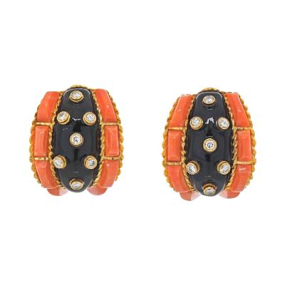 David Webb DAVID WEBB PLATINUM 18K CORAL BLACK ENAMEL AND DIAMOND EARRINGS
