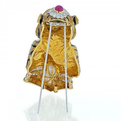 David Webb DAVID WEBB PLATINUM 18K GOLD BLACK STRIPED TIGER WITH EMERALD RUBY PEARL BROOCH