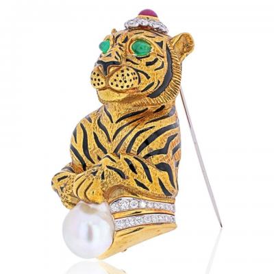 David Webb DAVID WEBB PLATINUM 18K GOLD BLACK STRIPED TIGER WITH EMERALD RUBY PEARL BROOCH