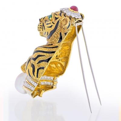 David Webb DAVID WEBB PLATINUM 18K GOLD BLACK STRIPED TIGER WITH EMERALD RUBY PEARL BROOCH