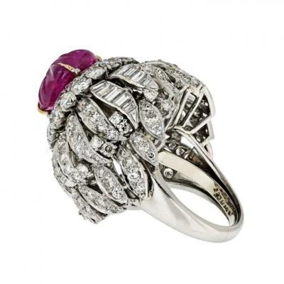 David Webb DAVID WEBB PLATINUM 18K WHITE GOLD CARVED RUBY AND DIAMOND BOMBE COCKTAIL RING