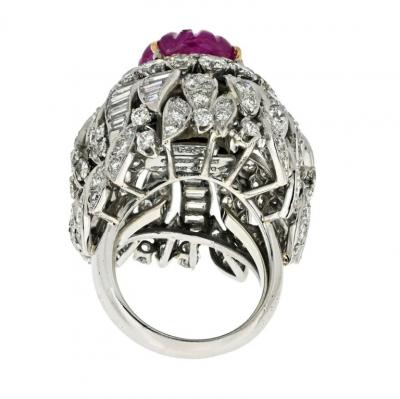David Webb DAVID WEBB PLATINUM 18K WHITE GOLD CARVED RUBY AND DIAMOND BOMBE COCKTAIL RING