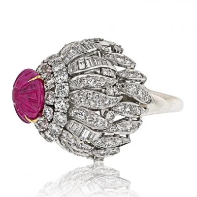 David Webb DAVID WEBB PLATINUM 18K WHITE GOLD CARVED RUBY AND DIAMOND BOMBE COCKTAIL RING