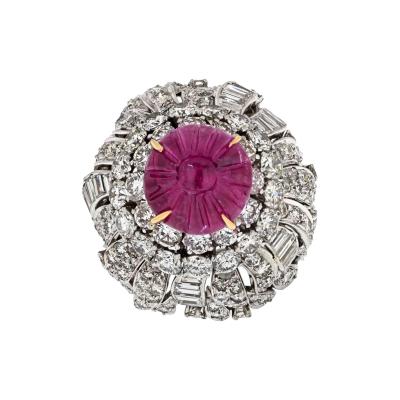 David Webb DAVID WEBB PLATINUM 18K WHITE GOLD CARVED RUBY AND DIAMOND BOMBE COCKTAIL RING