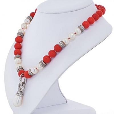 David Webb DAVID WEBB PLATINUM 18K WHITE GOLD CORAL DIAMOND AND PEARL BEAD NECKLACE