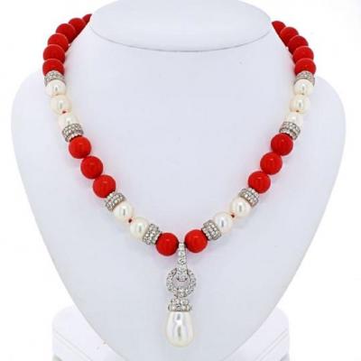 David Webb DAVID WEBB PLATINUM 18K WHITE GOLD CORAL DIAMOND AND PEARL BEAD NECKLACE