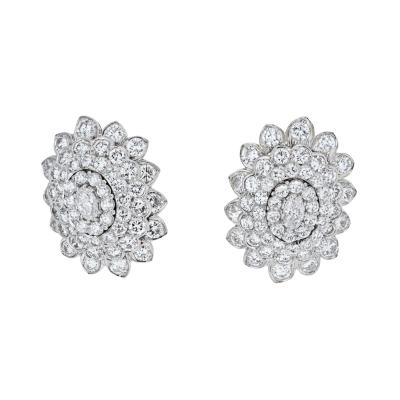 David Webb DAVID WEBB PLATINUM 18K WHITE GOLD OVAL AND ROUND CUT DIAMOND CLUSTER EARRINGS