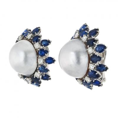 David Webb DAVID WEBB PLATINUM 18K WHITE GOLD SAPPHIRE DIAMOND PEARL EARRINGS