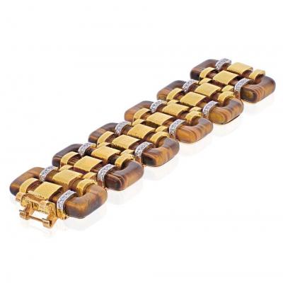 David Webb DAVID WEBB PLATINUM 18K YELLOW GOLD 1970S TIGERS EYE TREAD BRACELET