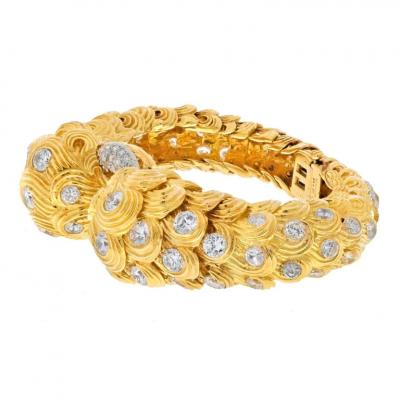 David Webb DAVID WEBB PLATINUM 18K YELLOW GOLD 21 CARATS SCROLL DIAMOND TEXTURED BRACELET