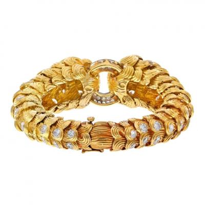 David Webb DAVID WEBB PLATINUM 18K YELLOW GOLD 21 CARATS SCROLL DIAMOND TEXTURED BRACELET