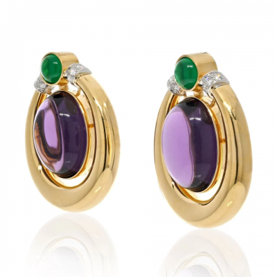 David Webb DAVID WEBB PLATINUM 18K YELLOW GOLD AMETHYST AND CABOCHON GREEN EMERALDS