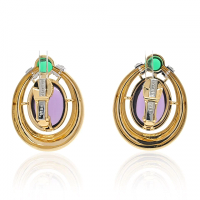 David Webb DAVID WEBB PLATINUM 18K YELLOW GOLD AMETHYST AND CABOCHON GREEN EMERALDS