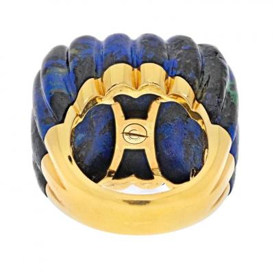 David Webb DAVID WEBB PLATINUM 18K YELLOW GOLD AZURMALACHITE FLUTED DIAMOND RING