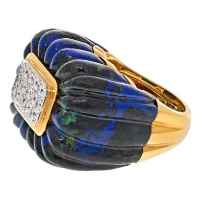 David Webb DAVID WEBB PLATINUM 18K YELLOW GOLD AZURMALACHITE FLUTED DIAMOND RING