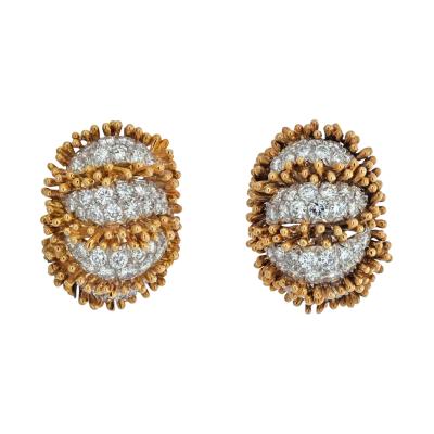 David Webb DAVID WEBB PLATINUM 18K YELLOW GOLD BEADED DIAMOND OVAL CLIP ON EARRINGS