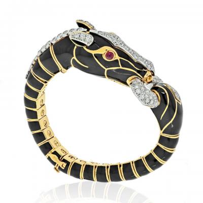 David Webb DAVID WEBB PLATINUM 18K YELLOW GOLD BLACK ENAMEL AND DIAMOND HORSE BRACELET
