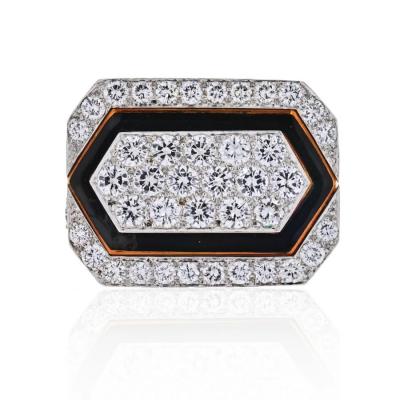 David Webb DAVID WEBB PLATINUM 18K YELLOW GOLD BLACK ENAMEL AND DIAMOND RING