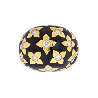 David Webb DAVID WEBB PLATINUM 18K YELLOW GOLD BLACK ENAMEL AND DIAMOND RING