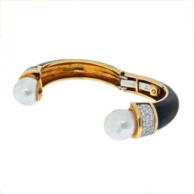 David Webb DAVID WEBB PLATINUM 18K YELLOW GOLD BLACK ENAMEL AND PEARL DIAMOND BRACELET