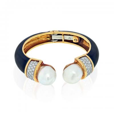 David Webb DAVID WEBB PLATINUM 18K YELLOW GOLD BLACK ENAMEL AND PEARL DIAMOND BRACELET