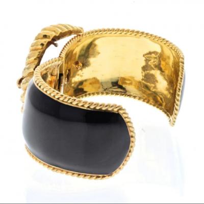 David Webb DAVID WEBB PLATINUM 18K YELLOW GOLD BLACK ENAMEL BELT MOTIF CUFF BRACELET