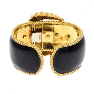 David Webb DAVID WEBB PLATINUM 18K YELLOW GOLD BLACK ENAMEL BELT MOTIF CUFF BRACELET