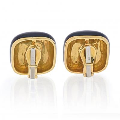 David Webb DAVID WEBB PLATINUM 18K YELLOW GOLD BLACK ENAMEL CUSHION CLIP ON EARRINGS