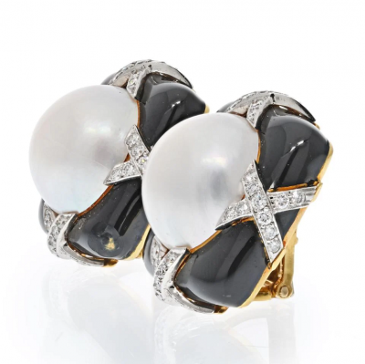 David Webb DAVID WEBB PLATINUM 18K YELLOW GOLD BLACK ENAMEL DIAMOND AND PEARL EARRINGS