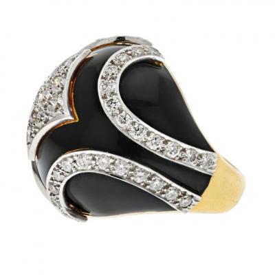 David Webb DAVID WEBB PLATINUM 18K YELLOW GOLD BLACK ENAMEL DIAMOND BOMBE RING