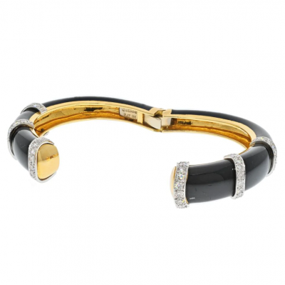 David Webb DAVID WEBB PLATINUM 18K YELLOW GOLD BLACK ENAMEL DIAMOND CUFF BRACELET