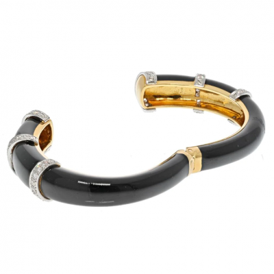 David Webb DAVID WEBB PLATINUM 18K YELLOW GOLD BLACK ENAMEL DIAMOND CUFF BRACELET