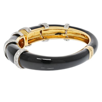 David Webb DAVID WEBB PLATINUM 18K YELLOW GOLD BLACK ENAMEL DIAMOND CUFF BRACELET