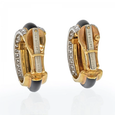 David Webb DAVID WEBB PLATINUM 18K YELLOW GOLD BLACK ENAMEL DIAMOND HOOP EARRINGS