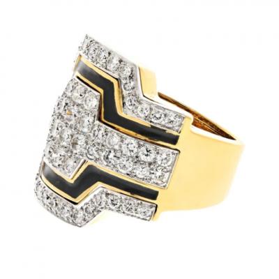 David Webb DAVID WEBB PLATINUM 18K YELLOW GOLD BLACK ENAMEL DIAMOND RING