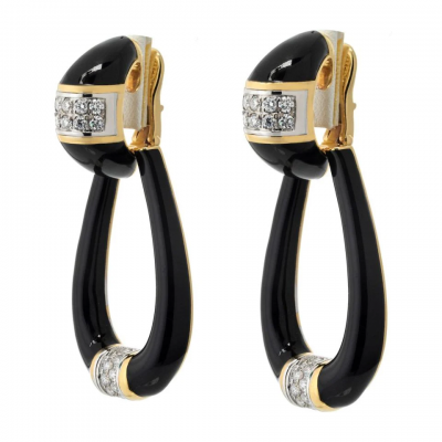 David Webb DAVID WEBB PLATINUM 18K YELLOW GOLD BLACK ENAMEL DOOR KNOCKERS EARRINGS