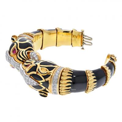 David Webb DAVID WEBB PLATINUM 18K YELLOW GOLD BLACK ENAMEL DOUBLE HEAD LION BRACELET