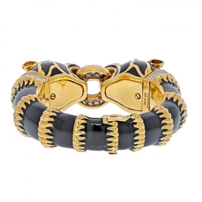 David Webb DAVID WEBB PLATINUM 18K YELLOW GOLD BLACK ENAMEL DOUBLE HEAD LION BRACELET