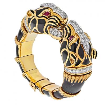 David Webb DAVID WEBB PLATINUM 18K YELLOW GOLD BLACK ENAMEL DOUBLE HEAD LION BRACELET
