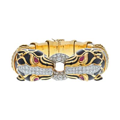 David Webb DAVID WEBB PLATINUM 18K YELLOW GOLD BLACK ENAMEL DOUBLE HEAD LION BRACELET