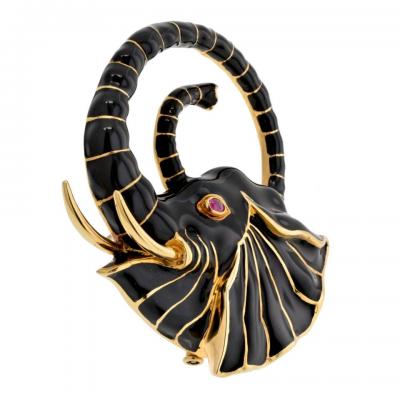David Webb DAVID WEBB PLATINUM 18K YELLOW GOLD BLACK ENAMEL ELEPHANT BROOCH
