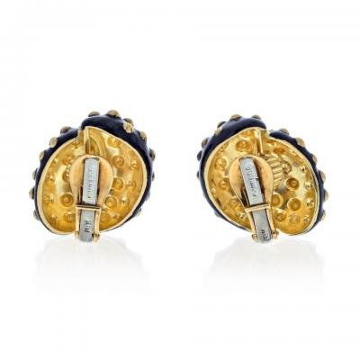 David Webb DAVID WEBB PLATINUM 18K YELLOW GOLD BLACK ENAMEL GOLD STUDDED CLIP EARRINGS