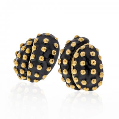 David Webb DAVID WEBB PLATINUM 18K YELLOW GOLD BLACK ENAMEL GOLD STUDDED CLIP EARRINGS
