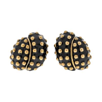 David Webb DAVID WEBB PLATINUM 18K YELLOW GOLD BLACK ENAMEL GOLD STUDDED CLIP EARRINGS