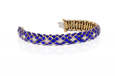 David Webb DAVID WEBB PLATINUM 18K YELLOW GOLD BLUE ENAMEL AND DIAMOND BRACELET