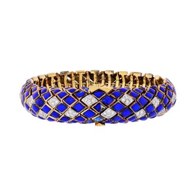 David Webb DAVID WEBB PLATINUM 18K YELLOW GOLD BLUE ENAMEL AND DIAMOND BRACELET