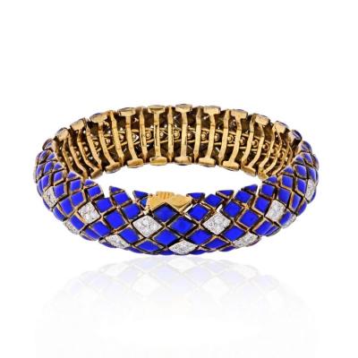 David Webb DAVID WEBB PLATINUM 18K YELLOW GOLD BLUE ENAMEL AND DIAMOND BRACELET
