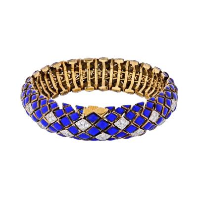 David Webb DAVID WEBB PLATINUM 18K YELLOW GOLD BLUE ENAMEL AND DIAMOND BRACELET