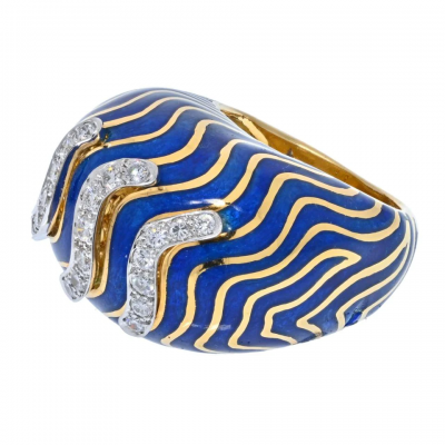 David Webb DAVID WEBB PLATINUM 18K YELLOW GOLD BLUE ENAMEL BOMBE DIAMOND RING